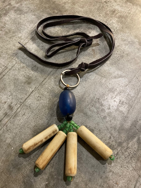One-Of-A-Kind Necklace with Bone and Glass Beads and Soft Leather Strap