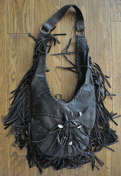 Yorino Tear Drop Shape Recycled Leather Fringe Bag