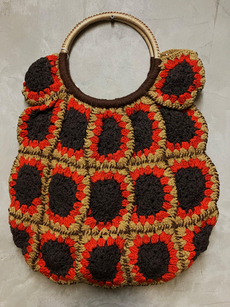 Jane Rectangular Hand Crochet Bag with Bambu Handle - Brown & Orange
