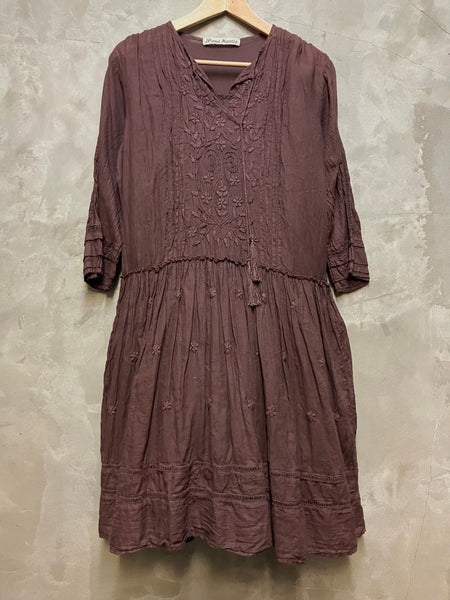 Ally Hand Embroidered Slit Neck Dress - Dried Rose