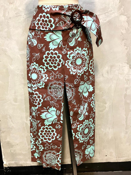 Printed Cotton Sateen Pants with Wide Self Belt