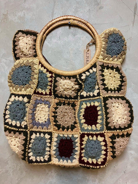 Jane Rectangular Hand Crochet Bag with Bambu Handle - Grey & Beige