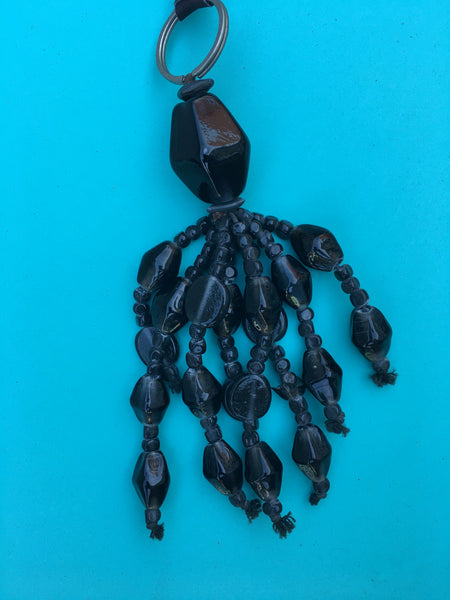 One-Of-A-Kind Necklace with Black Glass Beads and Leather Straps