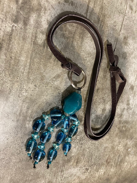 One-Of-A-Kind Blue Glass Bead Necklace With Soft Leather Strap