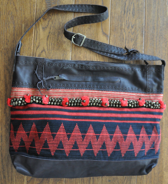 Yamuko Naka Hill Tribe Fabric and Recycled Leather with Pompom detail
