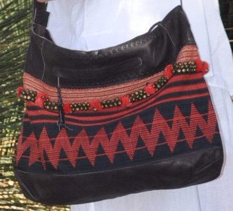 Yamuko Naka Hill Tribe Fabric and Recycled Leather with Pompom detail